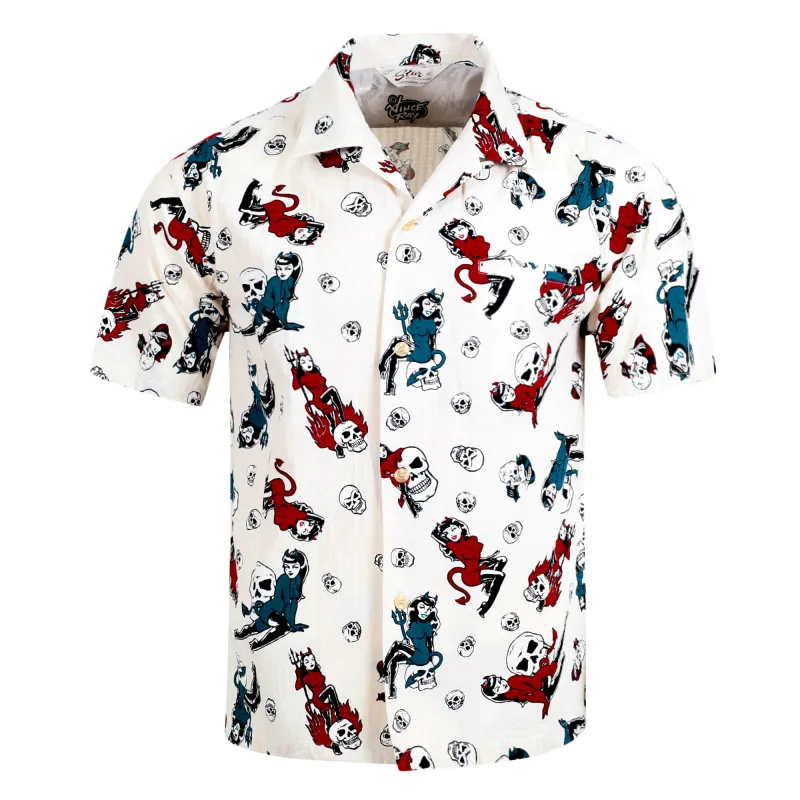 The Devil Skull Girls Print SH38115 Off White Hawaiian Shirt SoH10093 sold by SugarCane Jeans