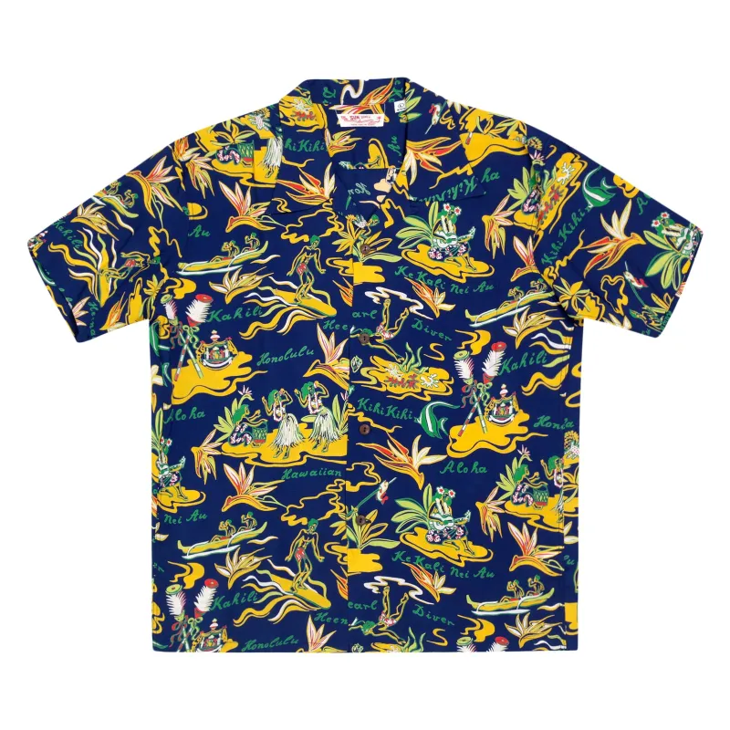 Mens Hawaiian Hula Printed SS37771 Navy Rayon Hawaiian Shirt SURF8585 sold by SugarCane Jeans