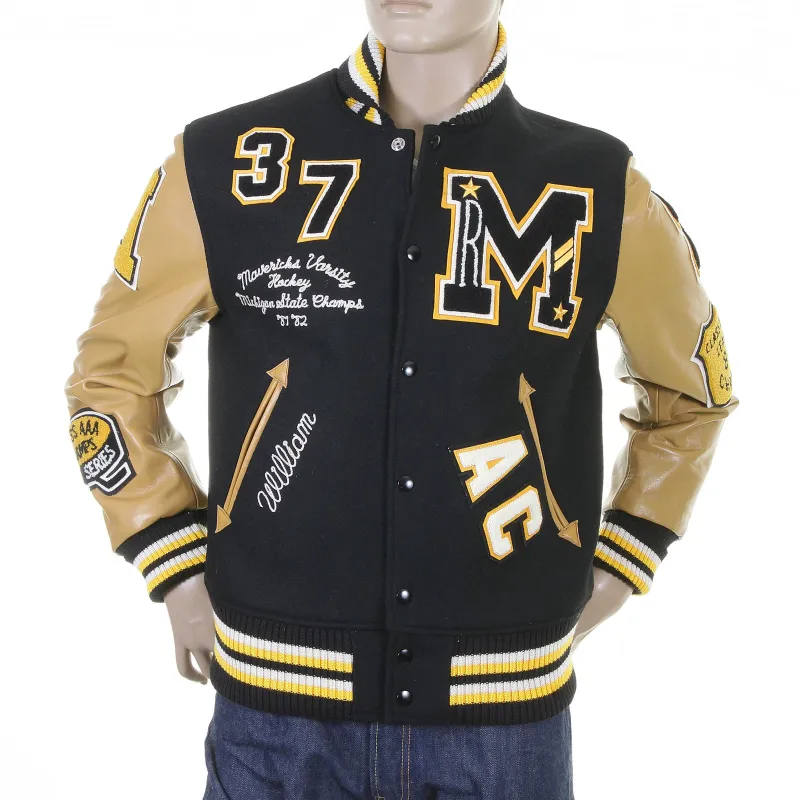 Sugar Cane's Whitesville Letterman WV12310 30oz melton wool set in award Mavericks stadium jacket CANE1091 sold by SugarCane Jeans