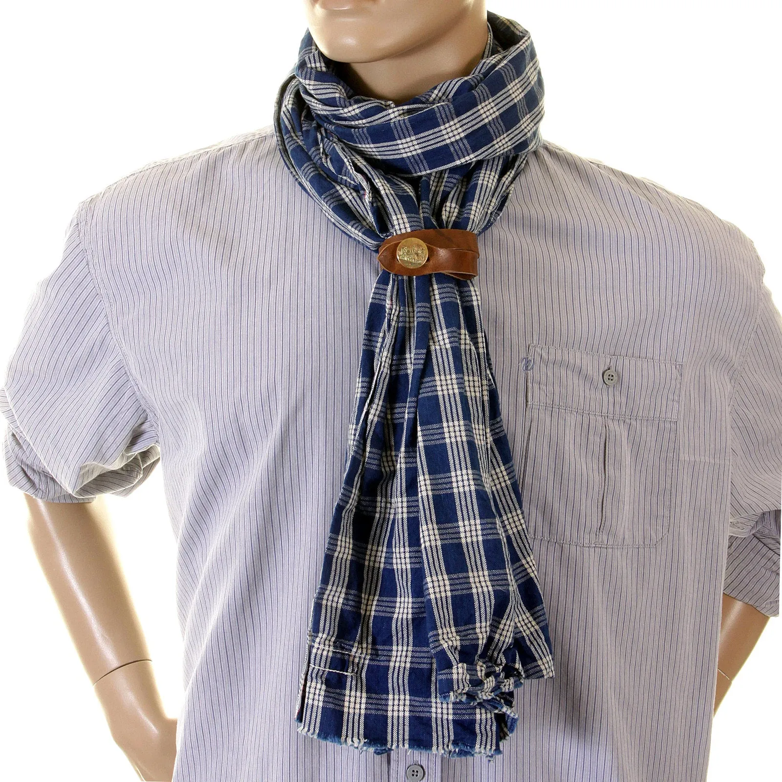 Sugarcane Blue Palaka SC01968A One Wash Vintage Cut Stole for Men with Leather Stole Ring CANE2694 sold by SugarCane Jeans