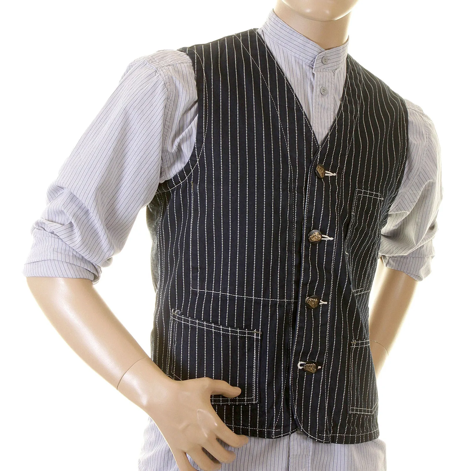 Sugarcane Mens Navy SC12361A Dot Striped Wabash Engineer Vintage Cut Regular Fit Denim Waistcoat Top CANE2015 sold by SugarCane Jeans product image thumbnail 3