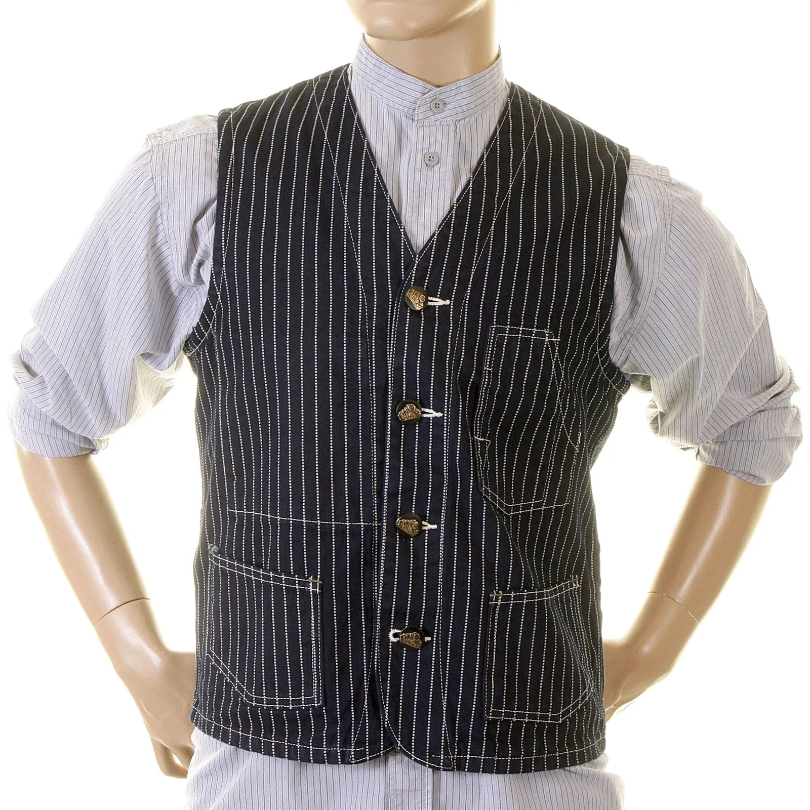 Sugarcane Mens Navy SC12361A Dot Striped Wabash Engineer Vintage Cut Regular Fit Denim Waistcoat Top CANE2015 sold by SugarCane Jeans