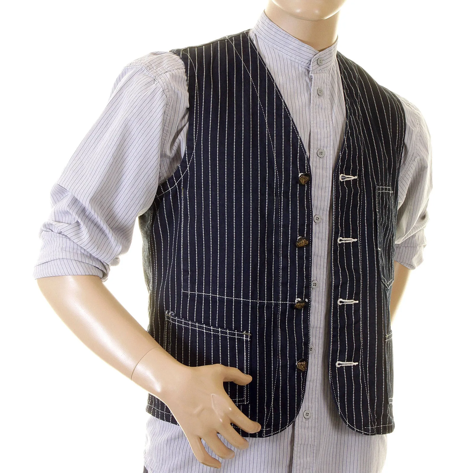 Sugarcane Mens Navy SC12361A Dot Striped Wabash Engineer Vintage Cut Regular Fit Denim Waistcoat Top CANE2015 sold by SugarCane Jeans product image thumbnail 4