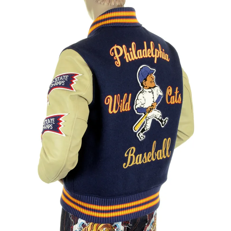 Whitesville Letterman WV11793 Philadelphia Wild Cats Stadium Jacket with Royal Blue Body and Cream Leather Sleeve WHIT4228A sold by SugarCane Jeans