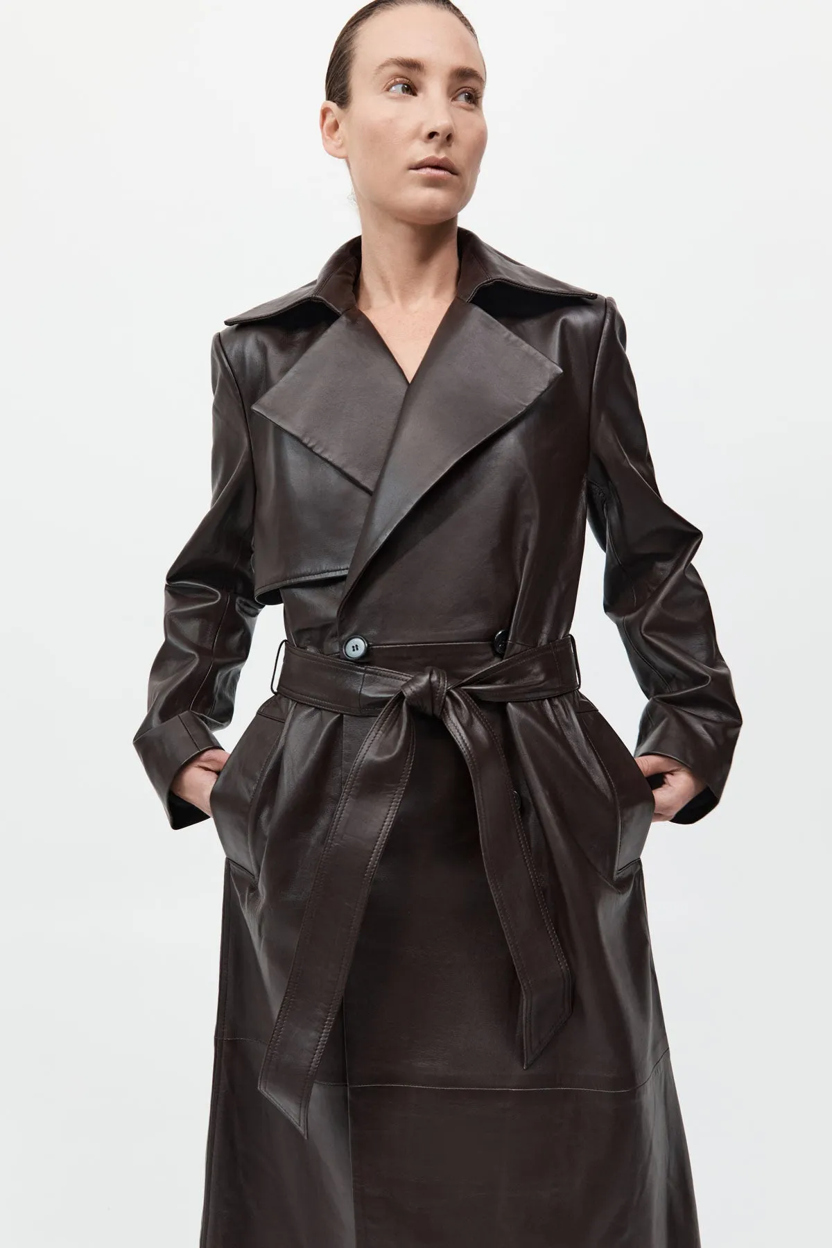 Leather Trench Coat - Chocolate sold by St. Agni product image thumbnail 3