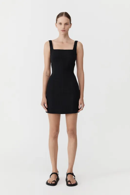 Linen Square Neck Mini Dress - Black sold by St. Agni