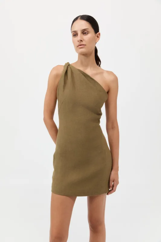Twisted Linen Mini Dress - Olive sold by St. Agni
