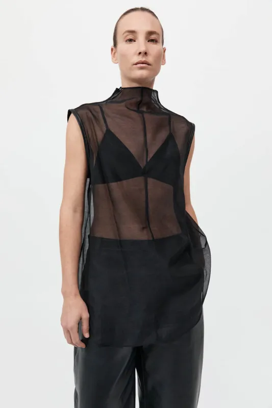Sheer Silk Leather Trim Top - Black sold by St. Agni