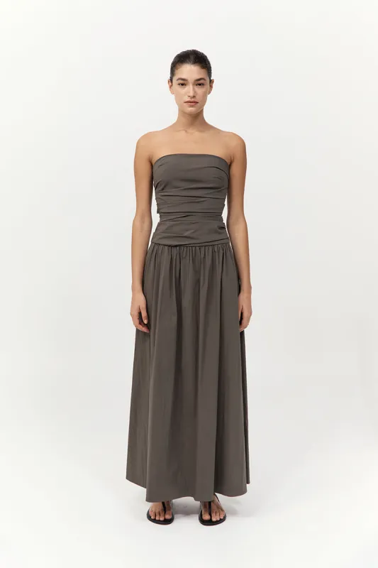 Gathered Strapless Tie Back Dress - Khaki sold by St. Agni