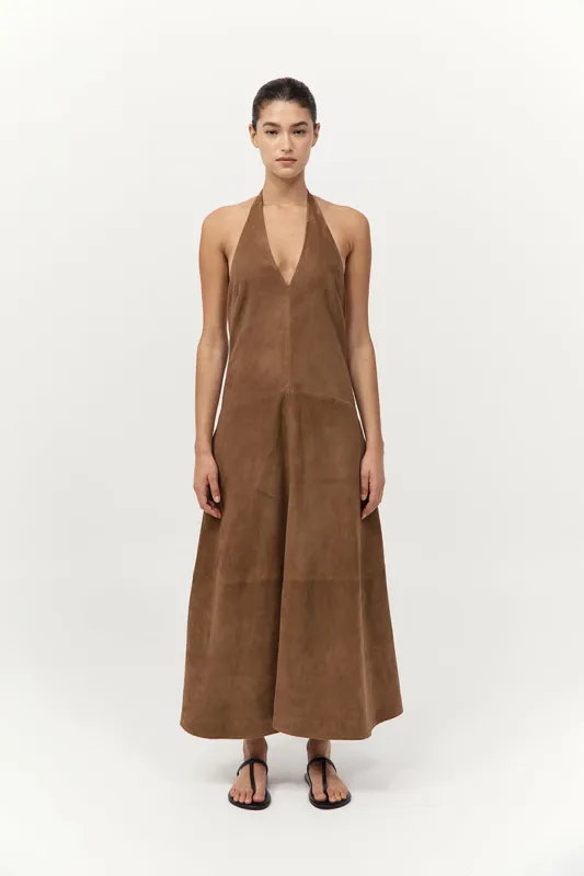 Suede Halter Plunge Dress - Toffee made by St. Agni