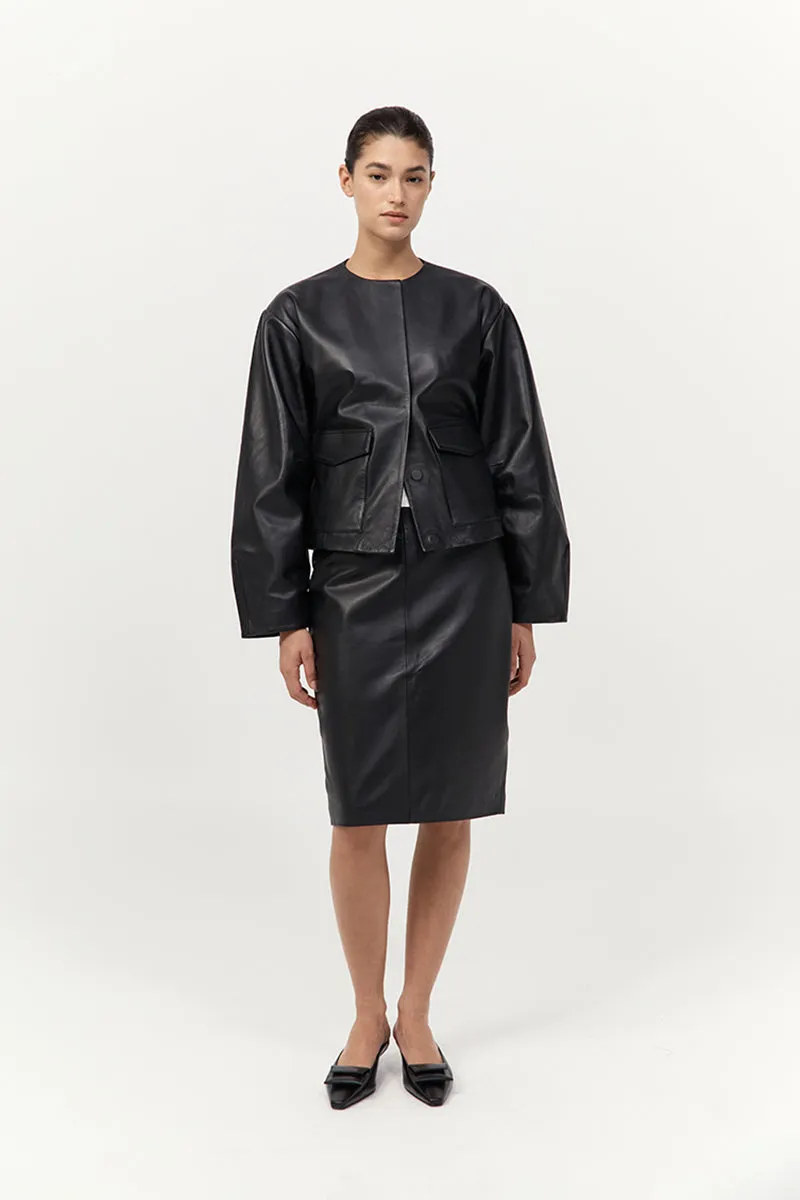 Utility Cocoon Leather Bomber - Black sold by St. Agni