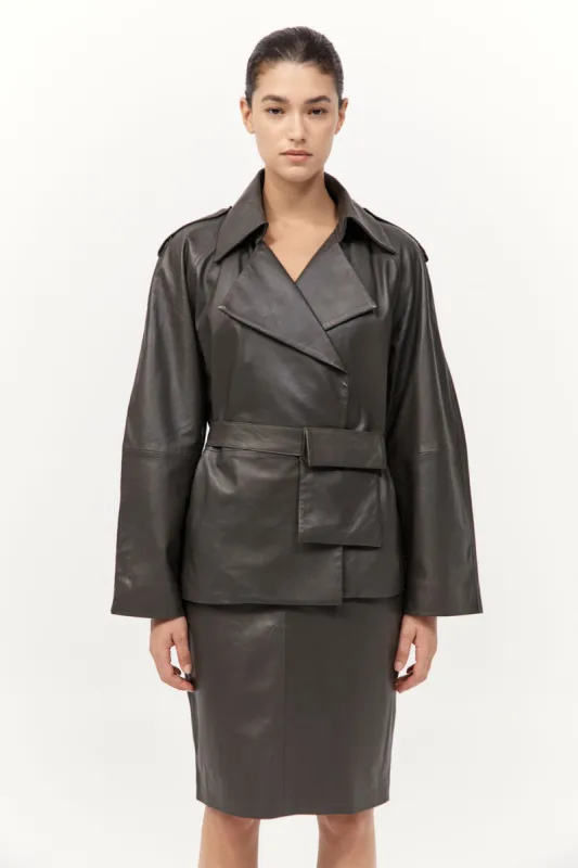 Cropped Leather Trench - Khaki sold by St. Agni