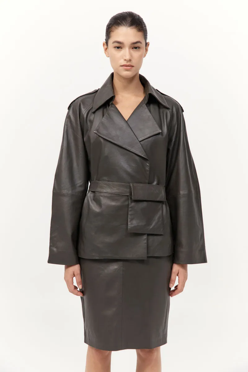 Cropped Leather Trench - Khaki sold by St. Agni