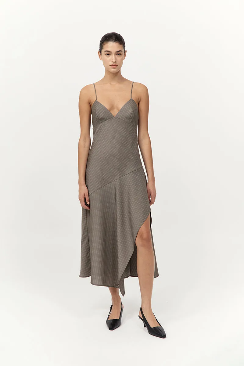 Asymmetric Slip Dress - Khaki Pinstripe sold by St. Agni product image thumbnail 4