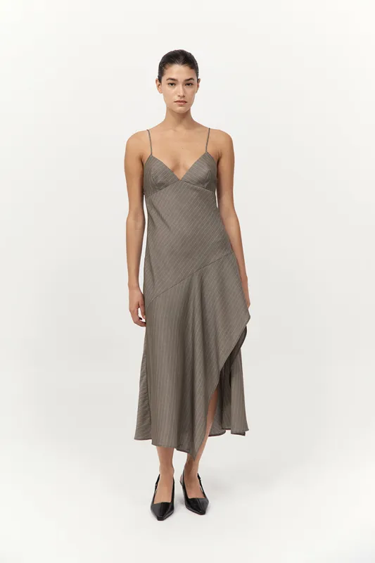 Asymmetric Slip Dress - Khaki Pinstripe made by St. Agni