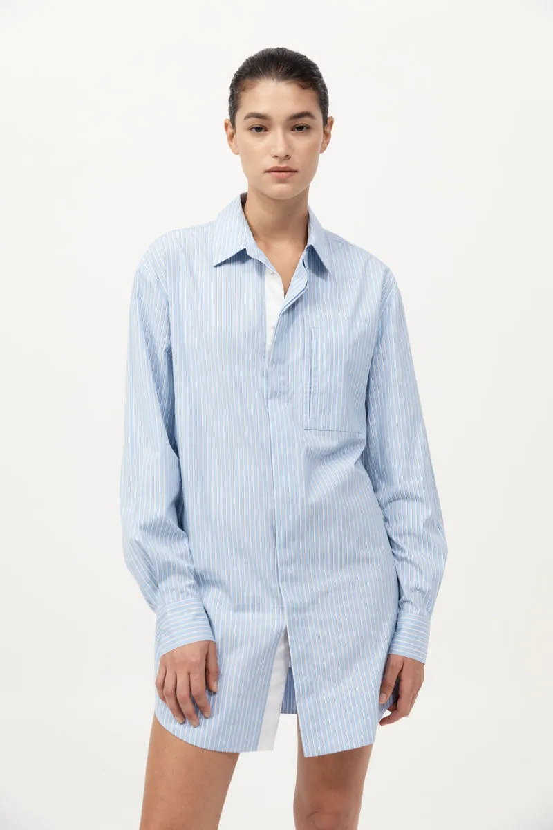Drawstring Mini Shirt Dress - Pale Blue Stripe sold by St. Agni