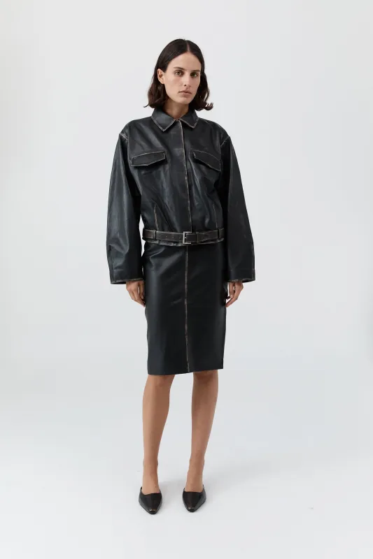 Brushed Leather Belted Jacket - Black sold by St. Agni