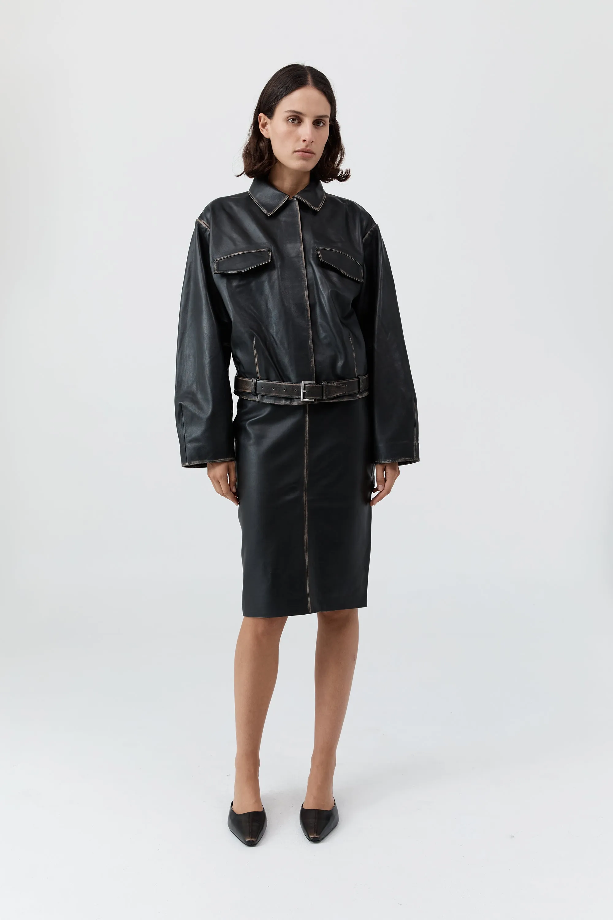 Brushed Leather Belted Jacket - Black sold by St. Agni