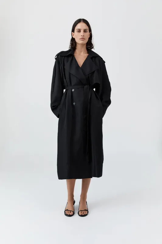 Silk Twill Relaxed Trench - Black sold by St. Agni