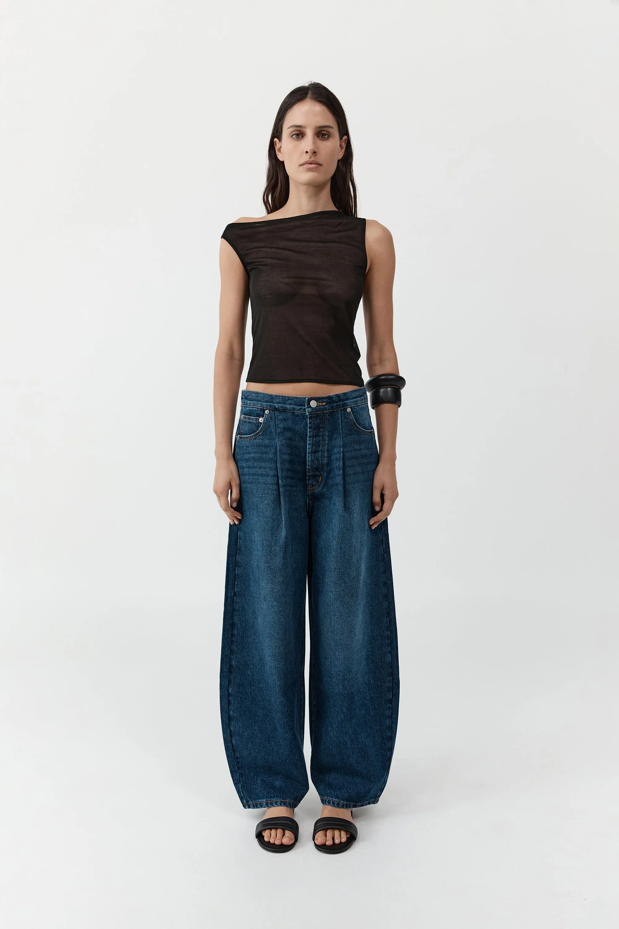 Mid Rise Pleat Barrel Jeans - Dark Indigo sold by St. Agni