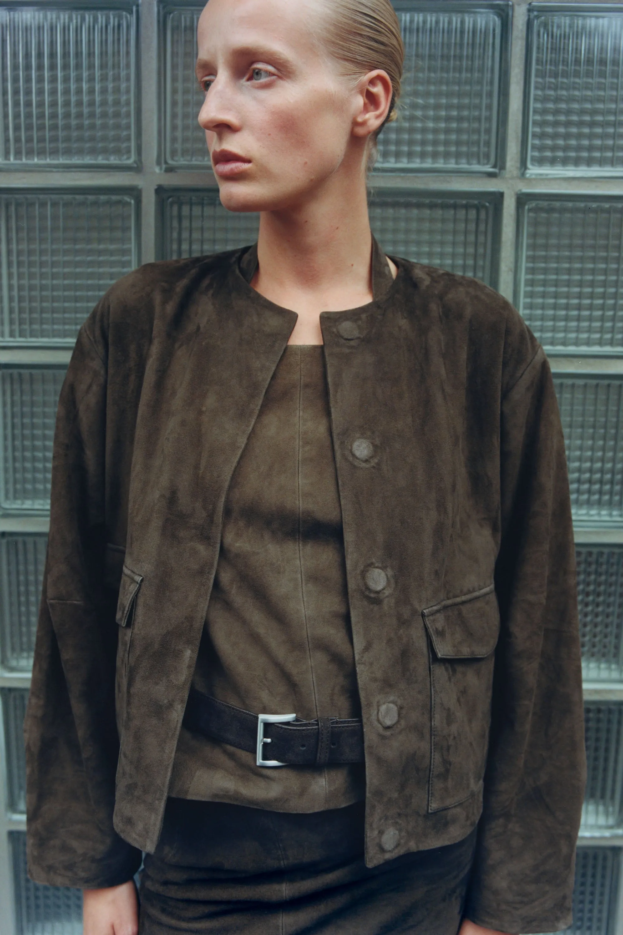 Suede Utility Cocoon Bomber - Khaki sold by St. Agni product image thumbnail 4