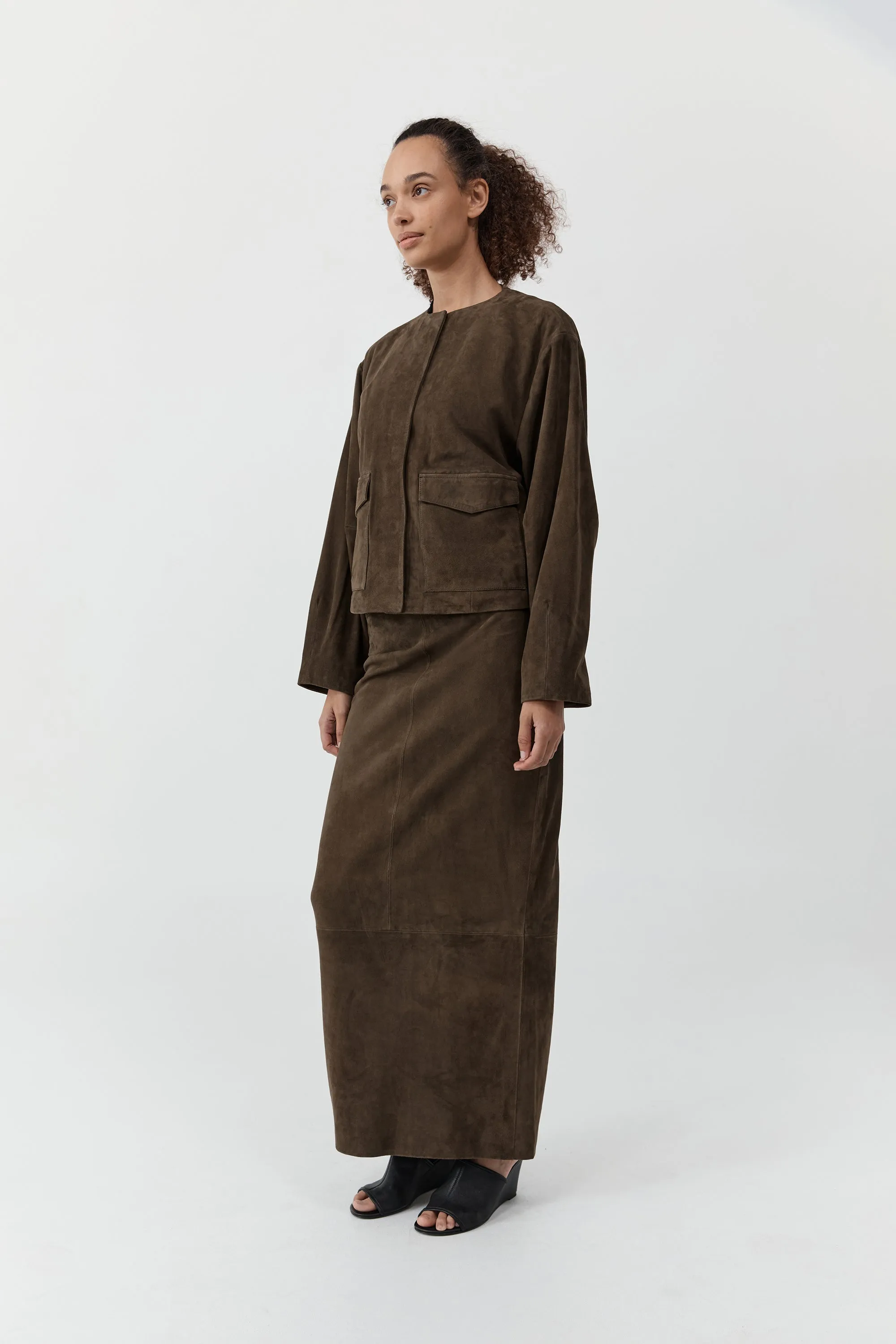 Suede Utility Cocoon Bomber - Khaki sold by St. Agni product image thumbnail 2