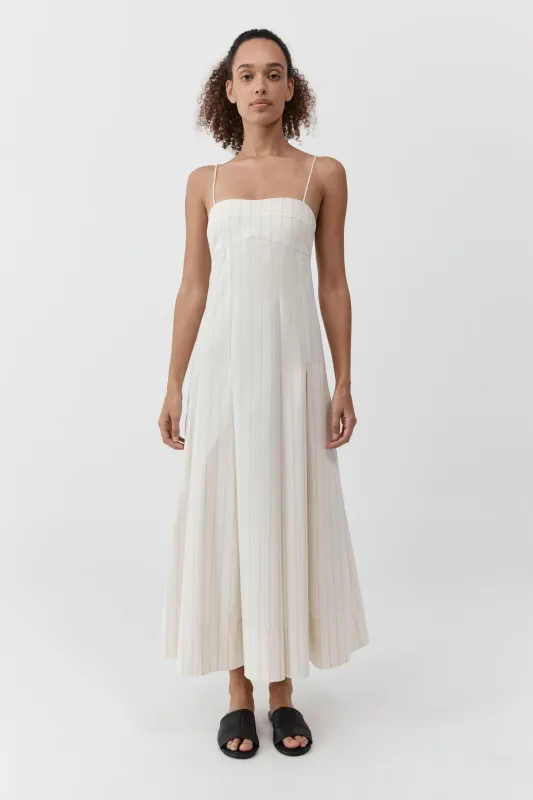 Everyday Cotton Pleat Dress - Ecru Stripe made by St. Agni
