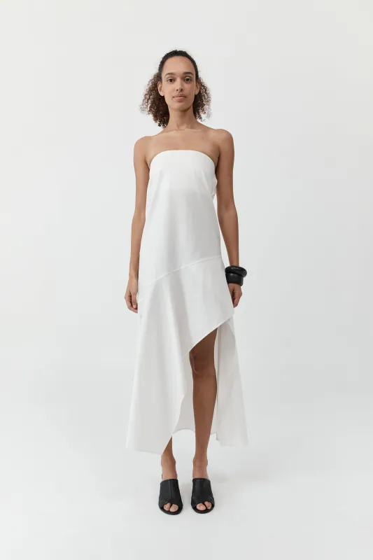Oxford Strapless Asymm Dress - White made by St. Agni