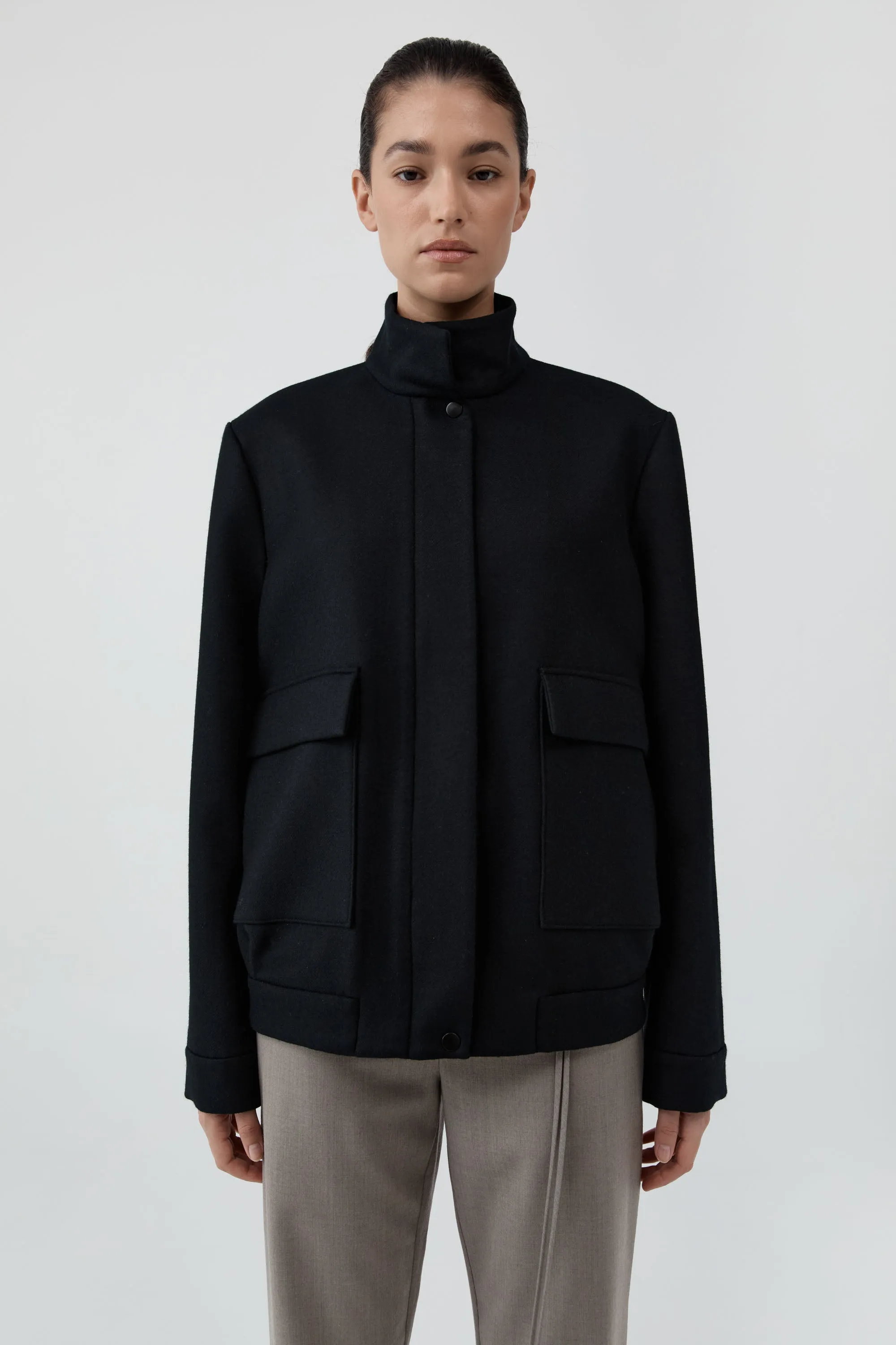 Wool Longline Bomber Jacket - Black sold by St. Agni