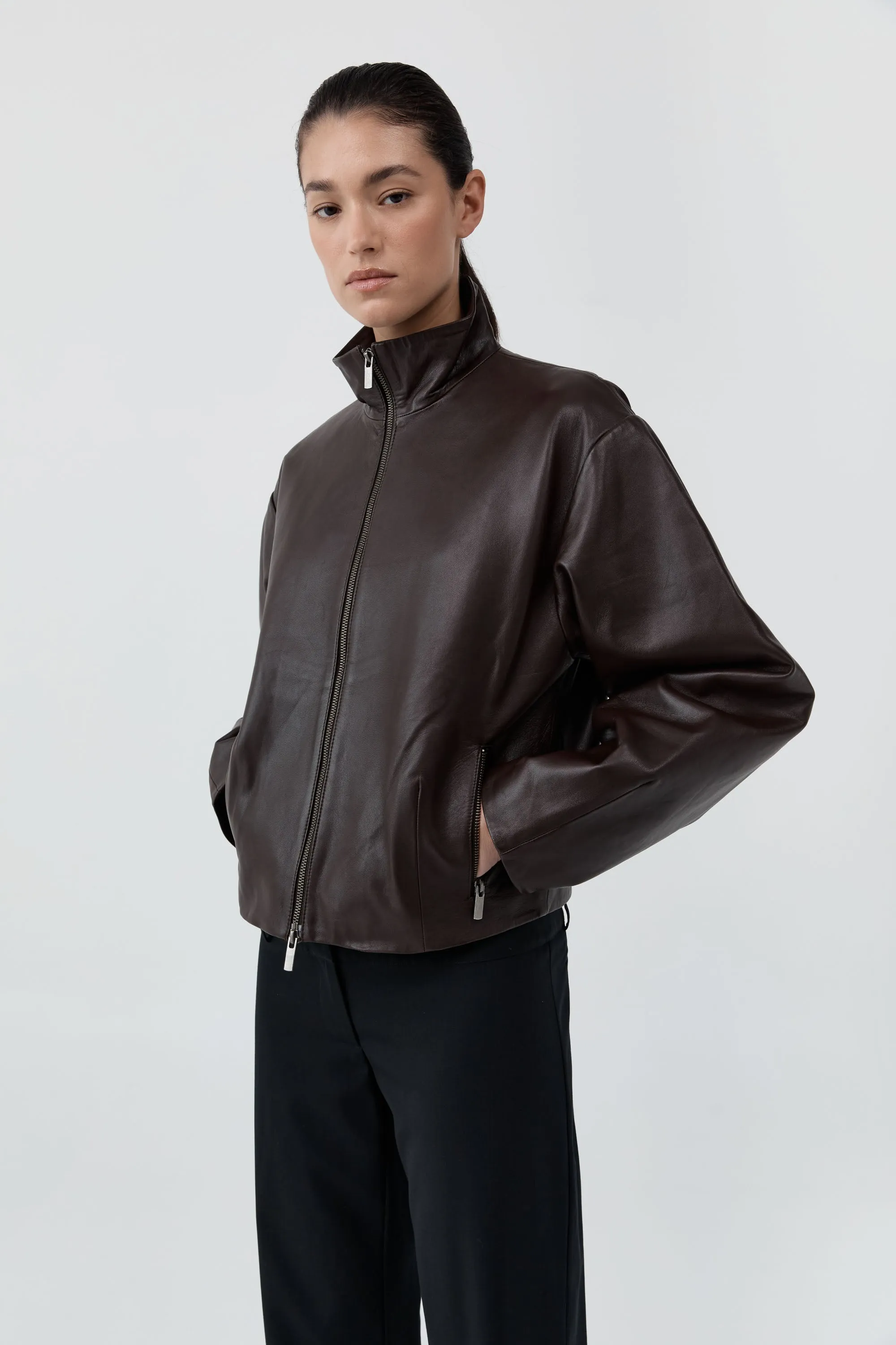 PRE-ORDER: Cocoon Zip Leather Jacket - Chocolate sold by St. Agni product image thumbnail 2