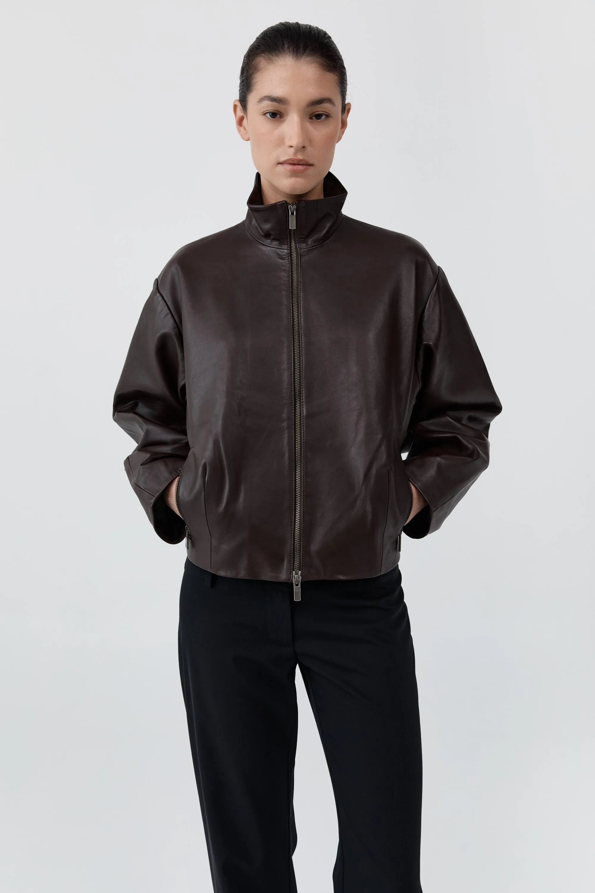 PRE-ORDER: Cocoon Zip Leather Jacket - Chocolate sold by St. Agni