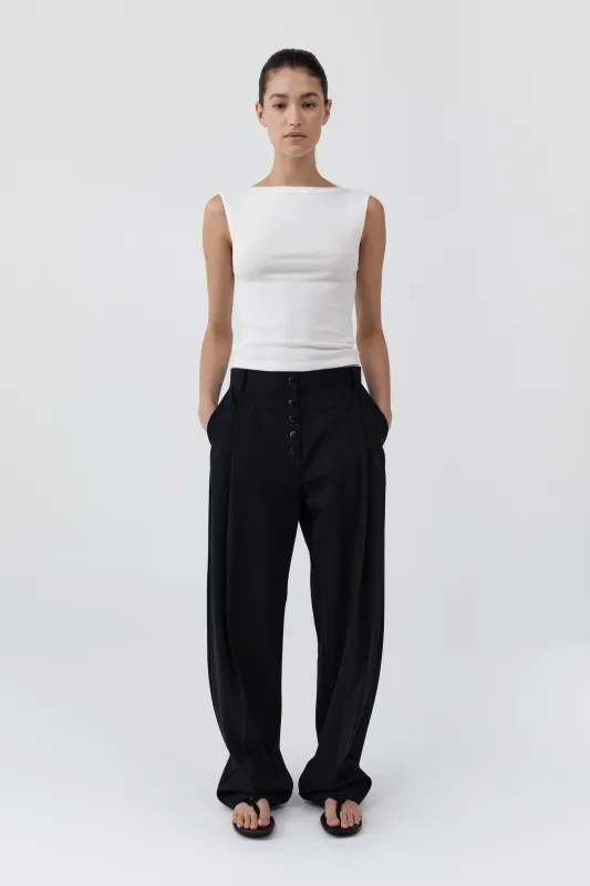 Wool Button Front Pleat Pants - Black made by St. Agni