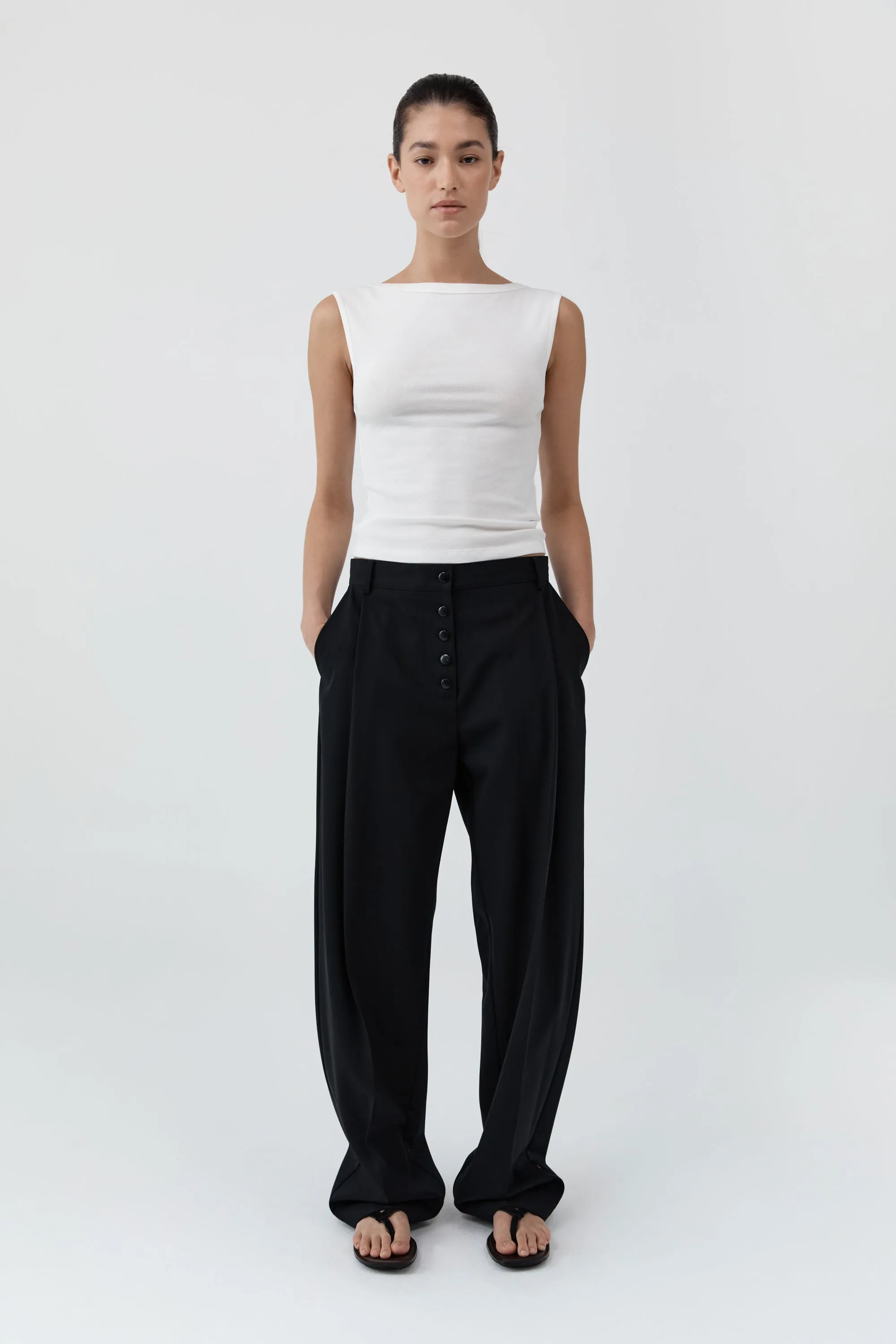 Wool Button Front Pleat Pants - Black sold by St. Agni
