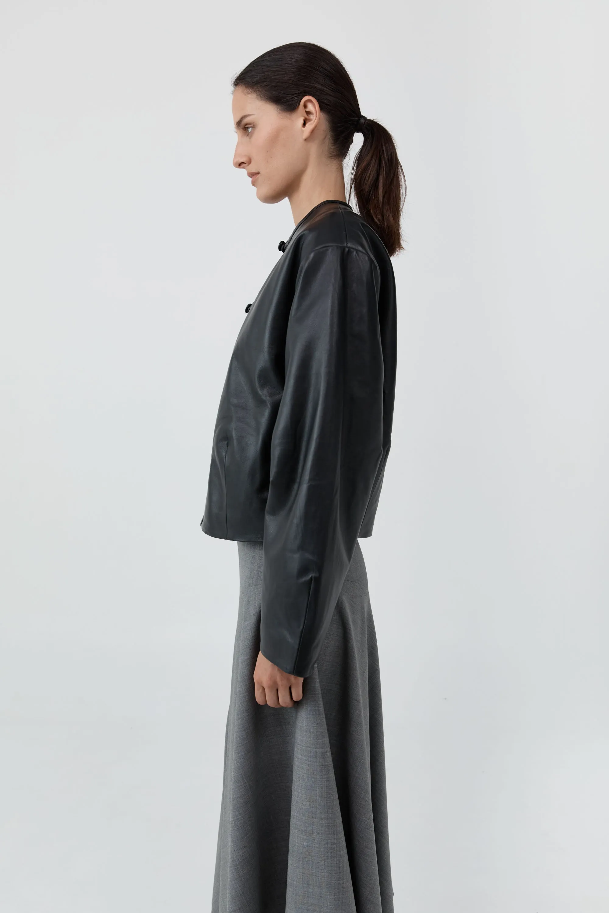 Button Detail Cocoon Leather Jacket - Black sold by St. Agni product image thumbnail 3