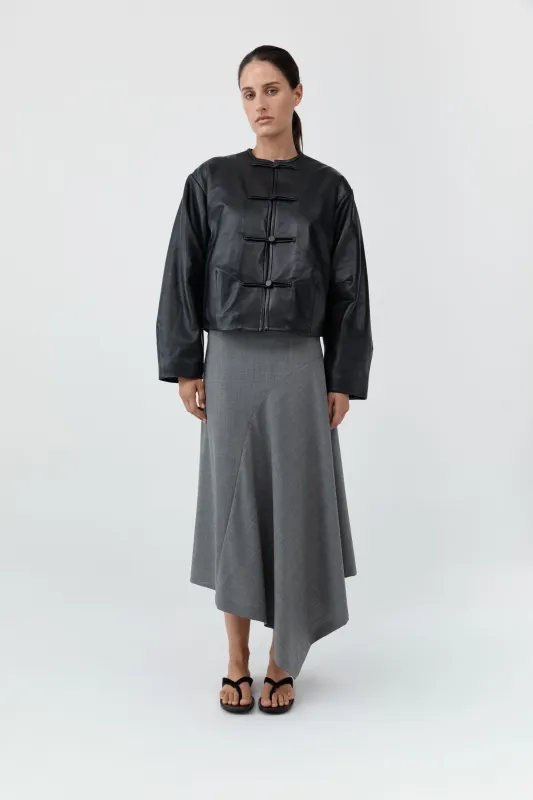 Button Detail Cocoon Leather Jacket - Black made by St. Agni
