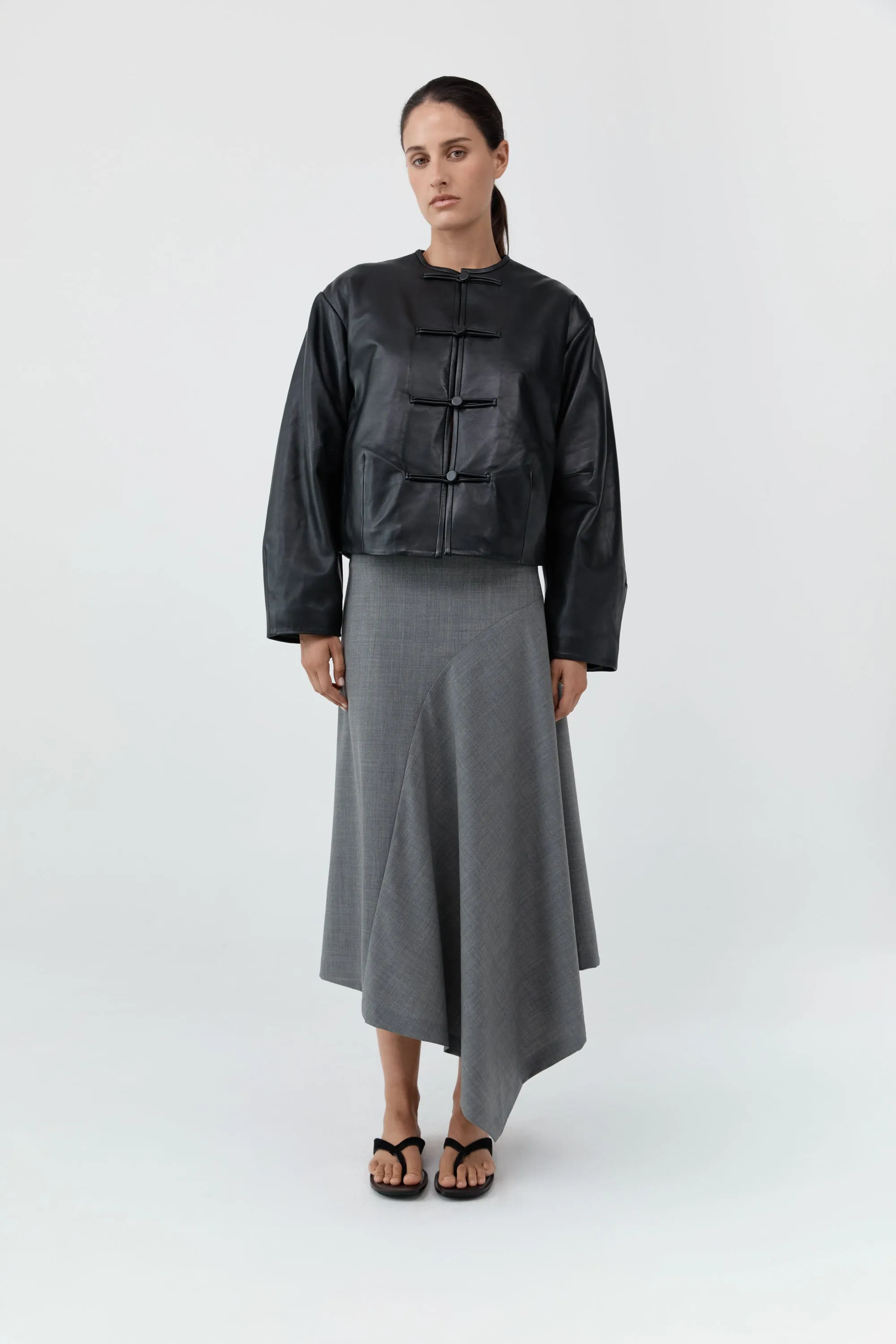 Button Detail Cocoon Leather Jacket - Black sold by St. Agni
