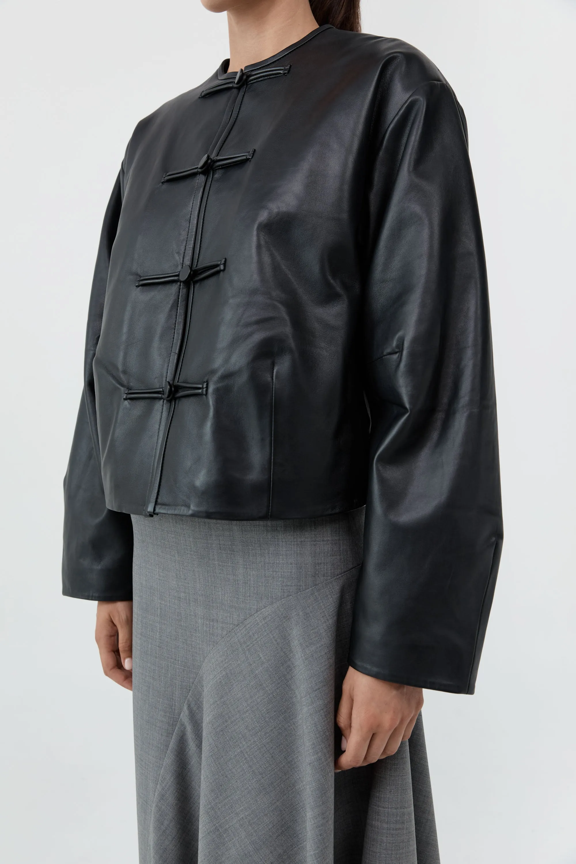 Button Detail Cocoon Leather Jacket - Black sold by St. Agni product image thumbnail 5