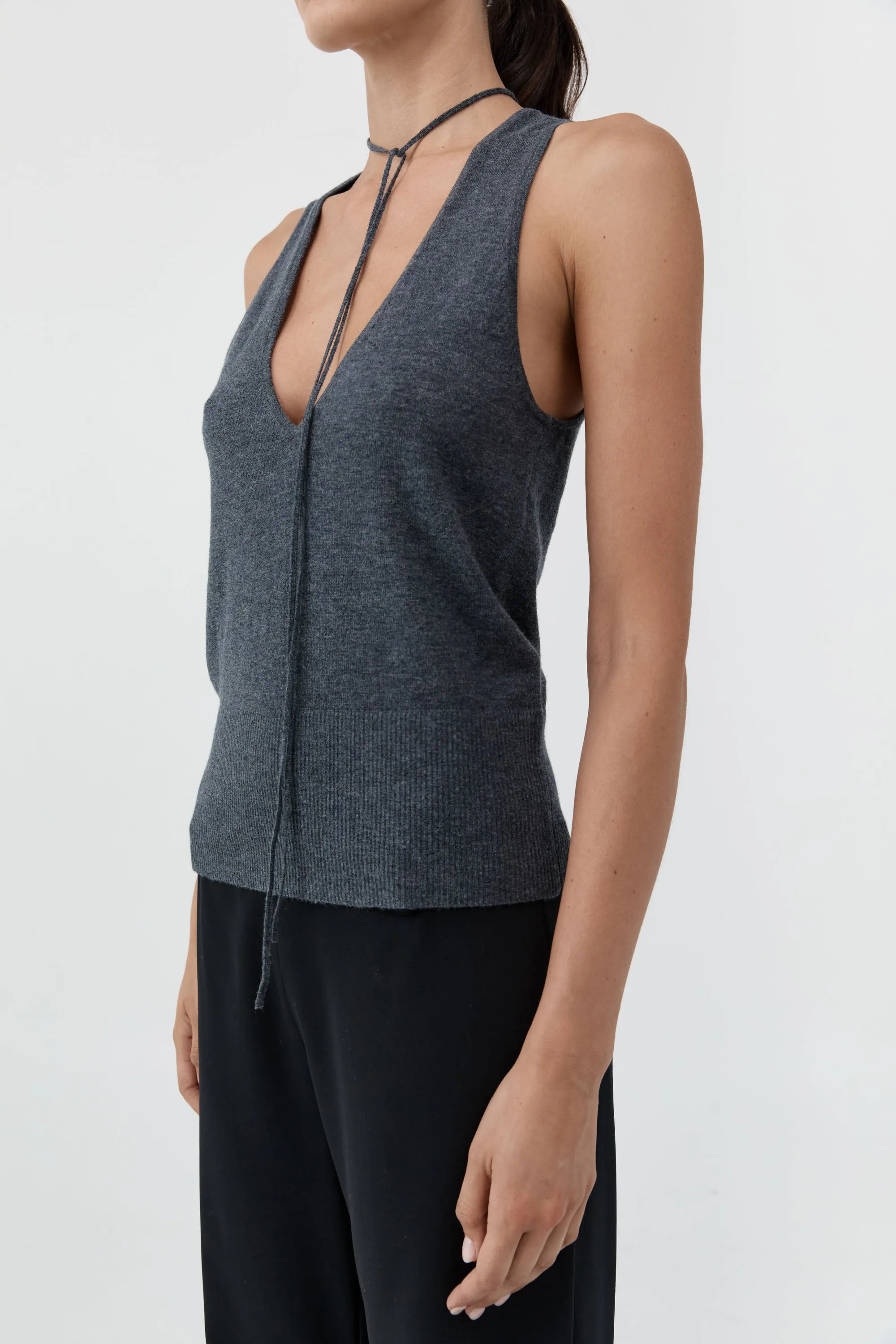 Plunge Rouleau Knit Tie Top - Iron Melange sold by St. Agni product image thumbnail 5