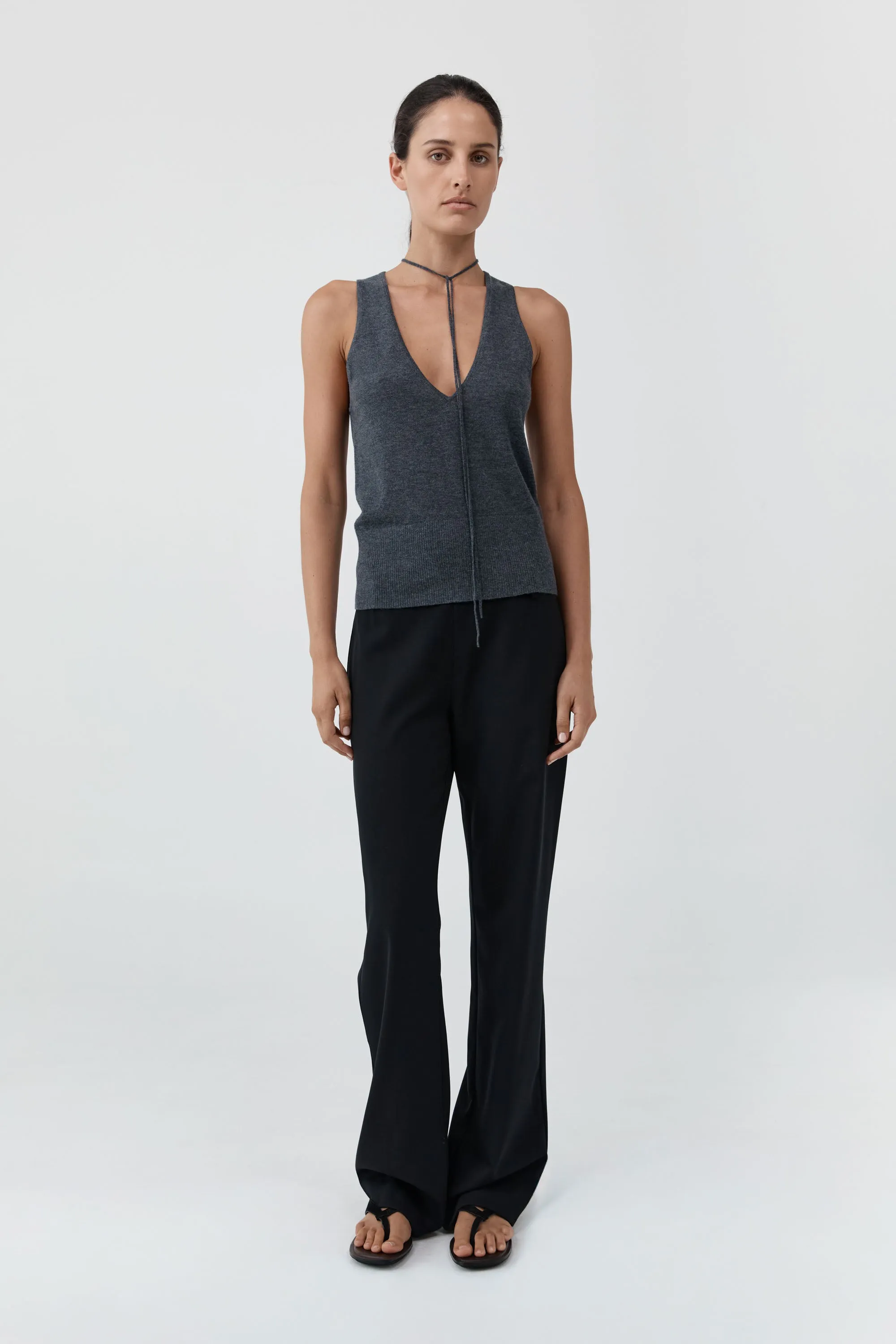 Plunge Rouleau Knit Tie Top - Iron Melange sold by St. Agni