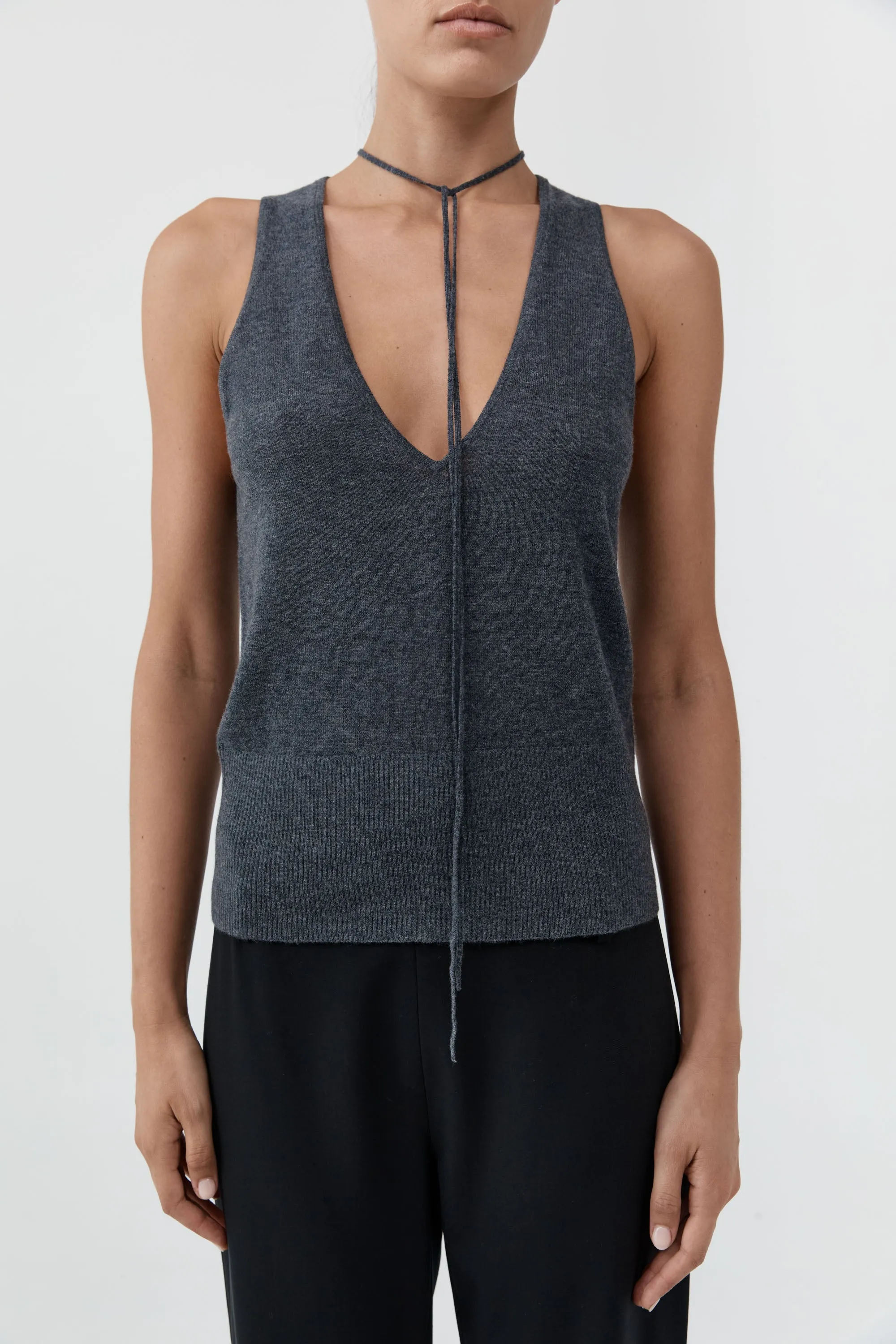 Plunge Rouleau Knit Tie Top - Iron Melange sold by St. Agni product image thumbnail 2