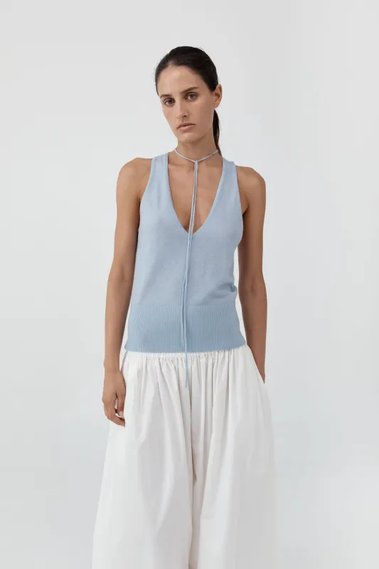 Plunge Rouleau Knit Tie Top - Light Steel made by St. Agni