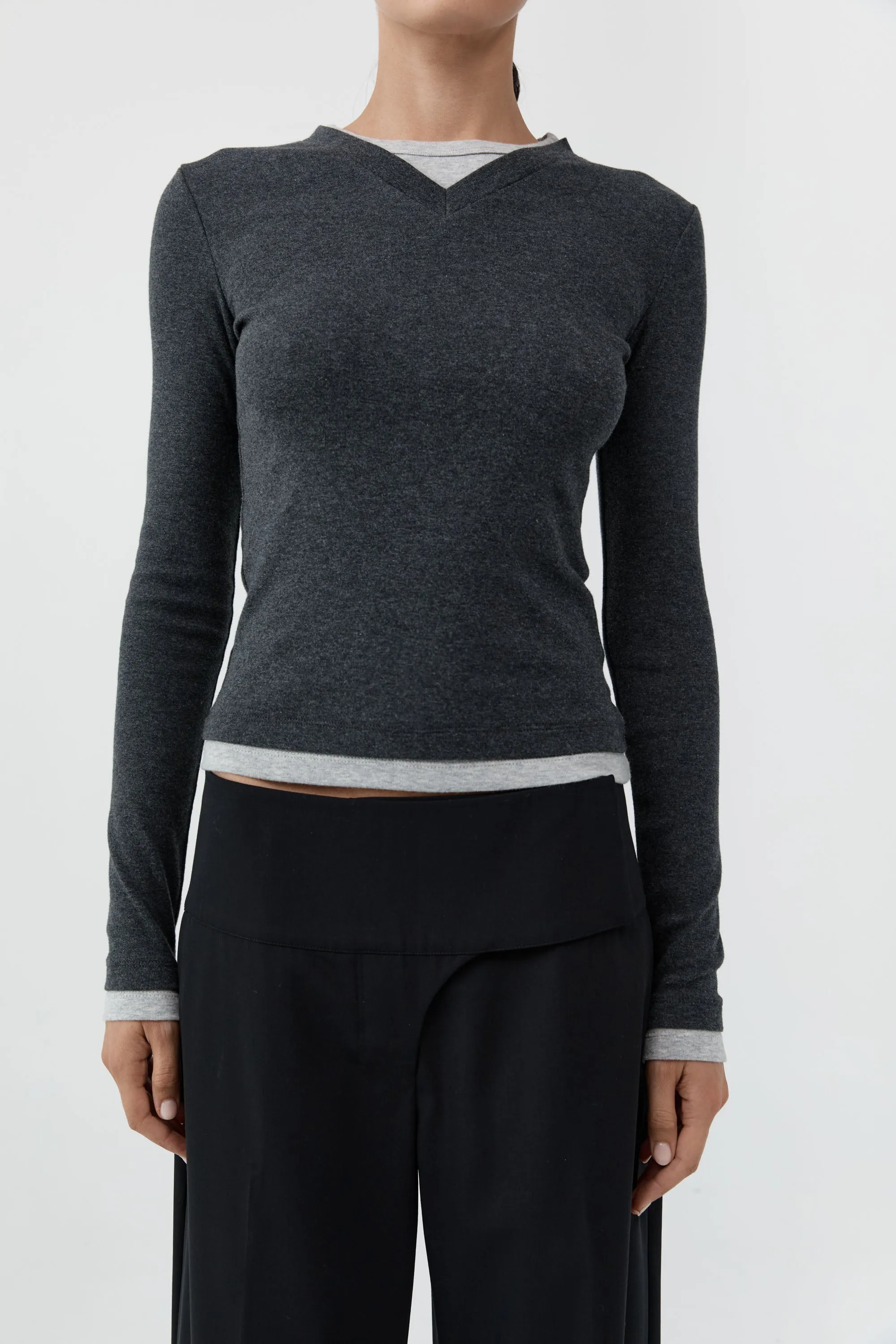 Organic Cotton V Neck Long Sleeve Top - Charcoal Melange sold by St. Agni product image thumbnail 5