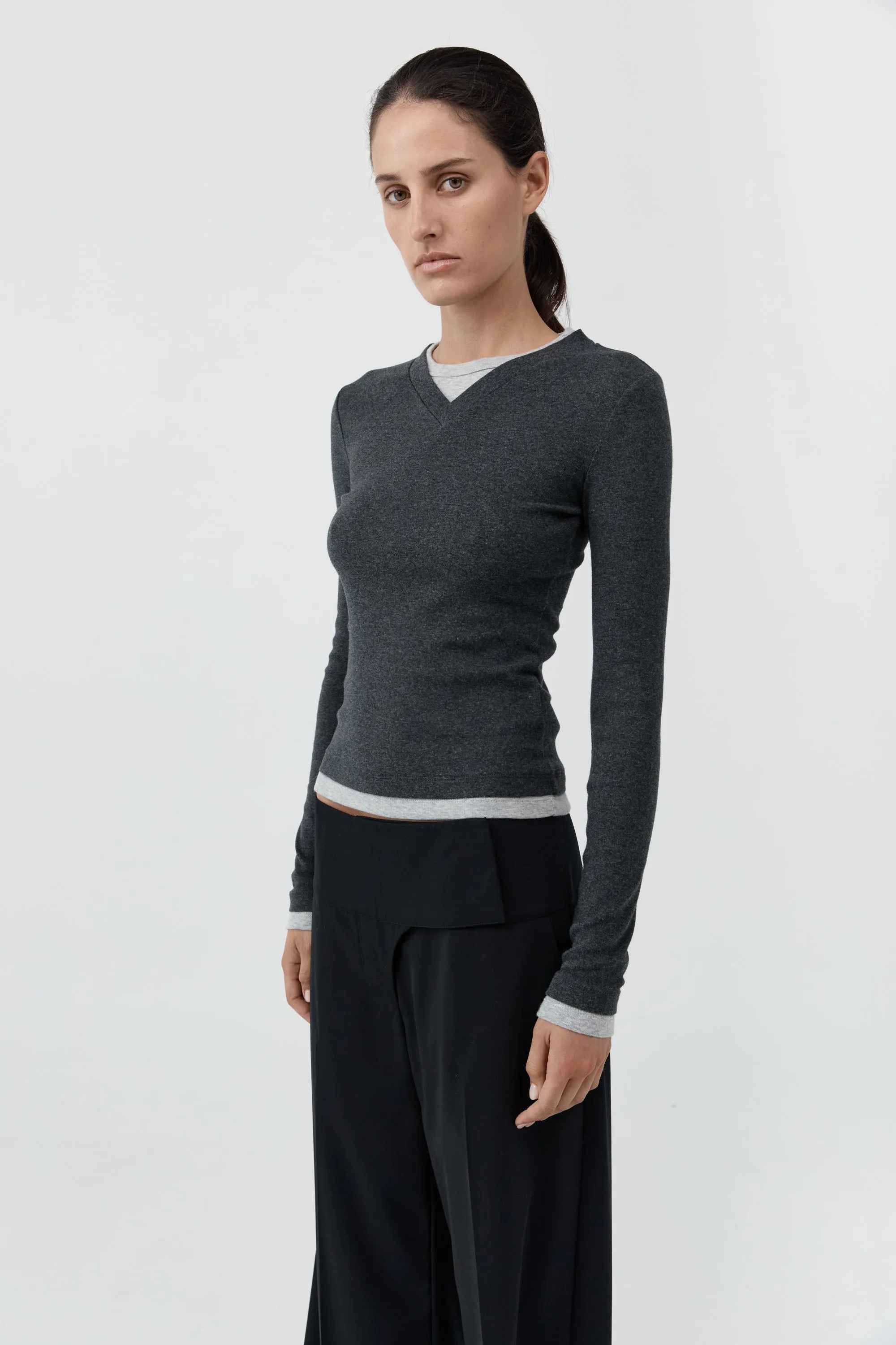 Organic Cotton V Neck Long Sleeve Top - Charcoal Melange sold by St. Agni product image thumbnail 2