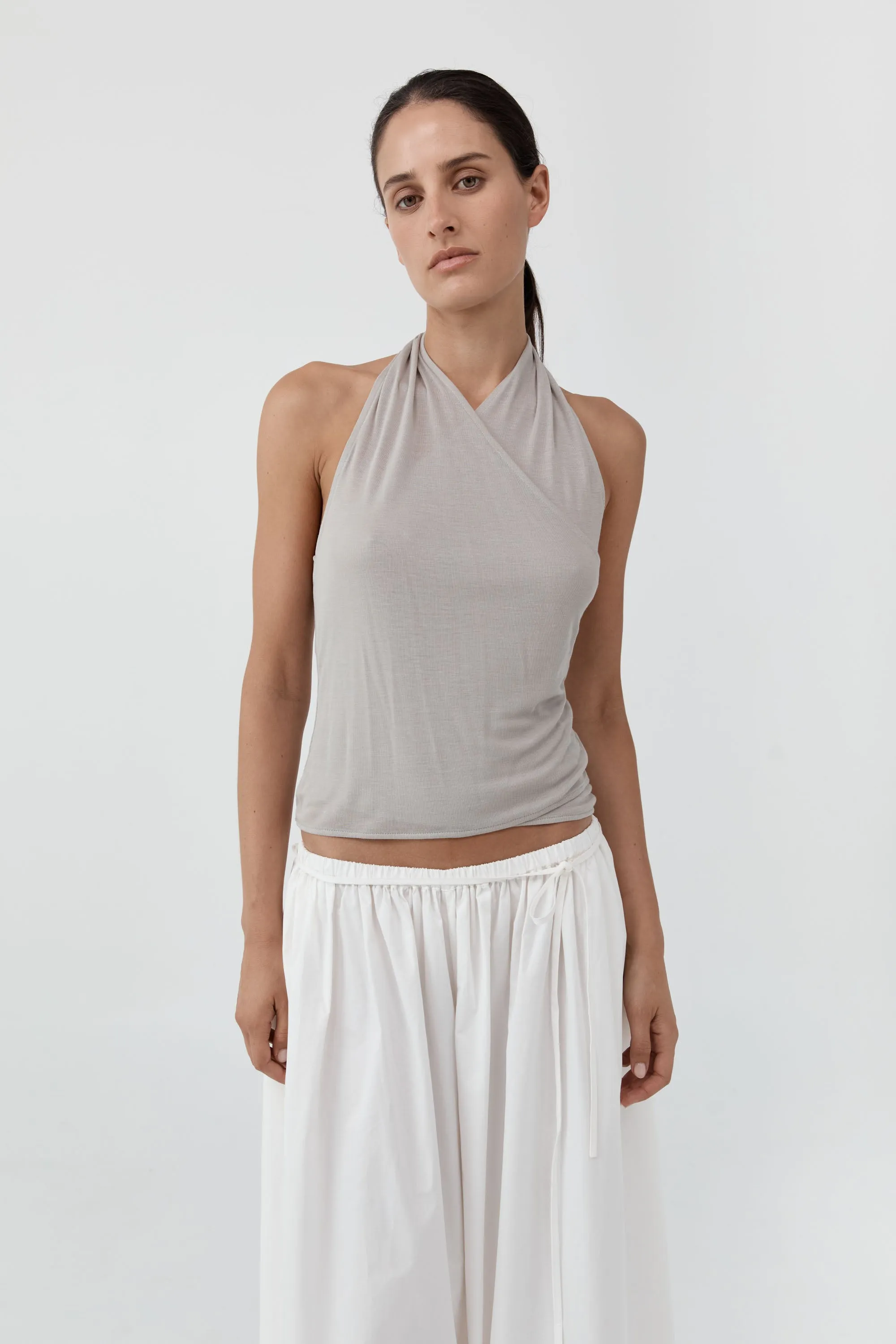 Fine Jersey Wrap Halter Top - Soft Ash sold by St. Agni