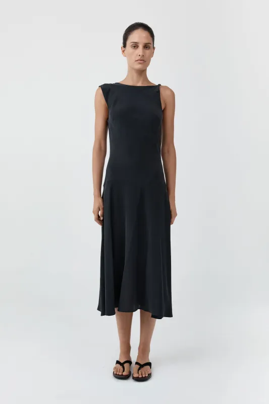 Silk Drape Back Midi Dress - Black made by St. Agni