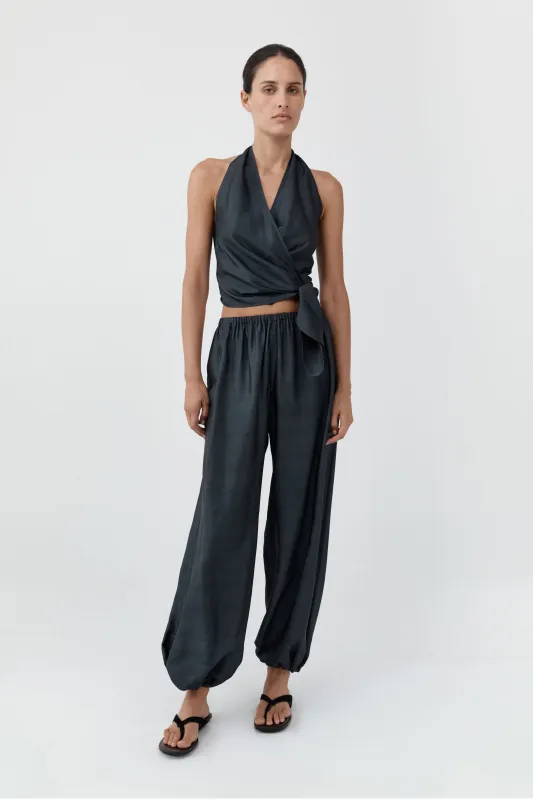 Silk Halter Wrap Top - Washed Black made by St. Agni