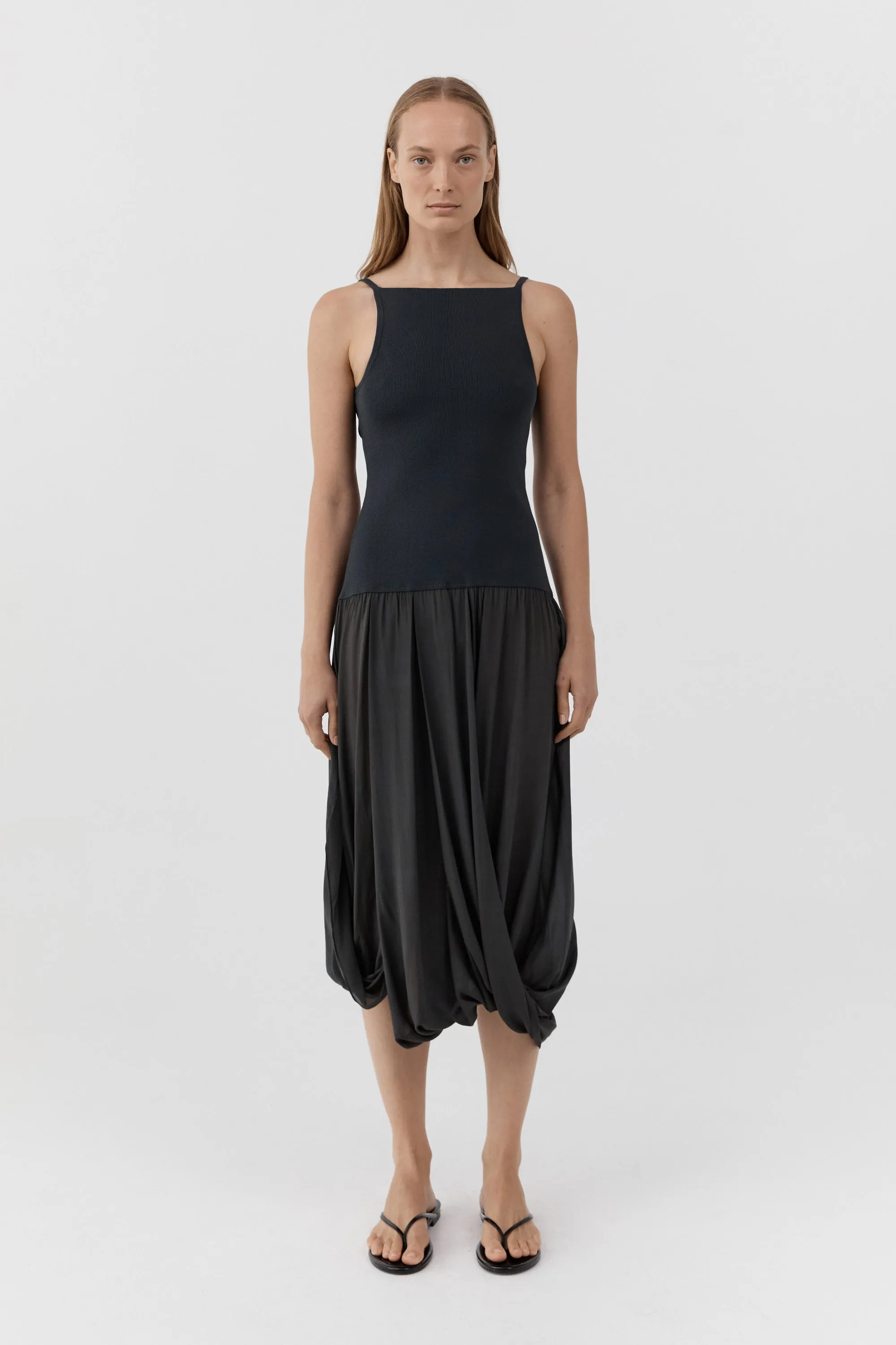 Knit Bodice Sheer Drape Dress - Magnet sold by St. Agni