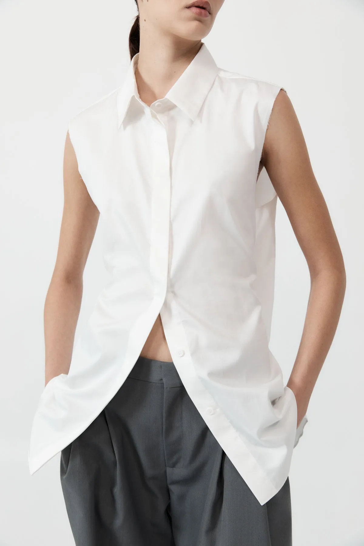 Cotton Belted Sleeveless Shirt - White sold by St. Agni