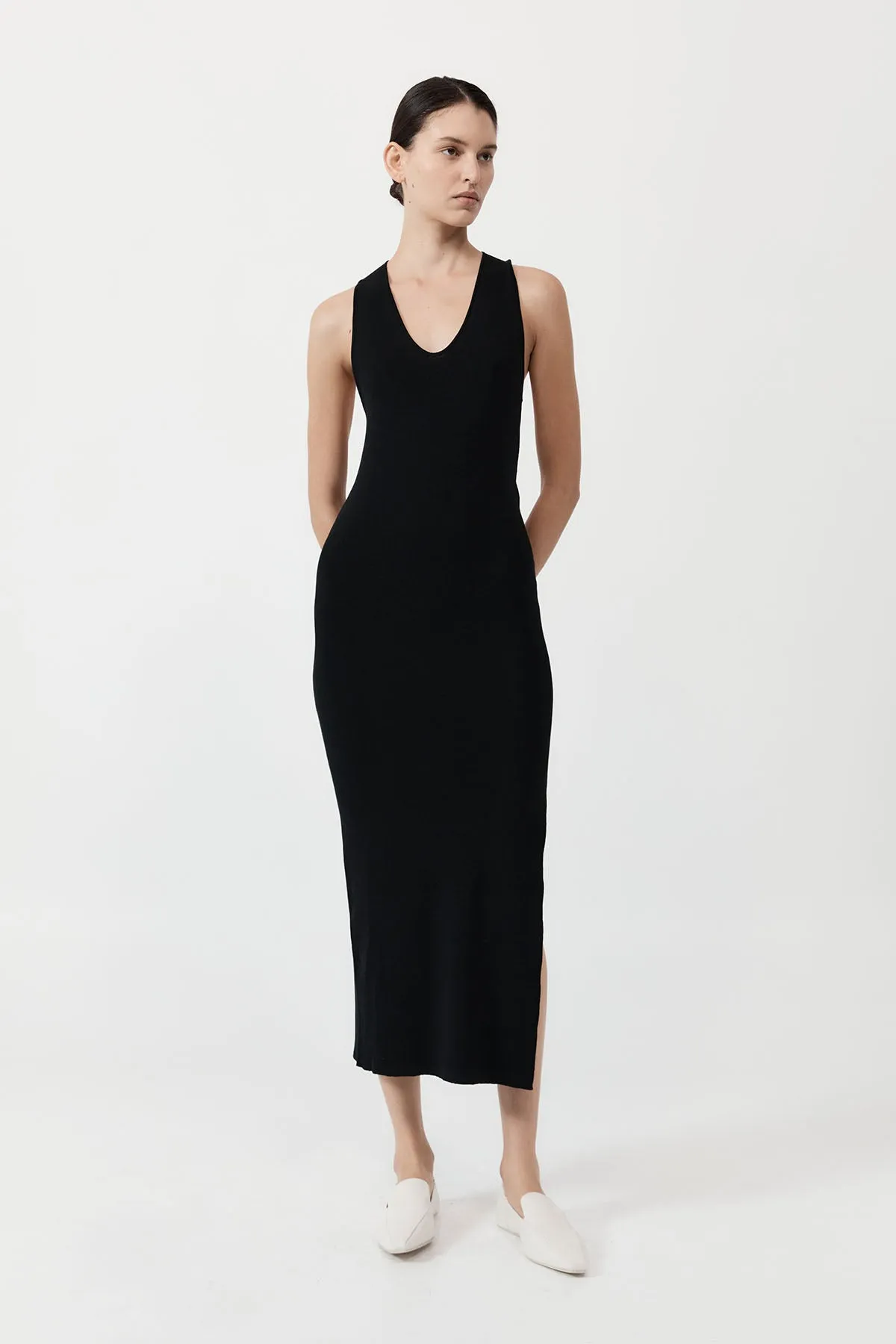 Plunge Neck Knit Dress - Black sold by St. Agni