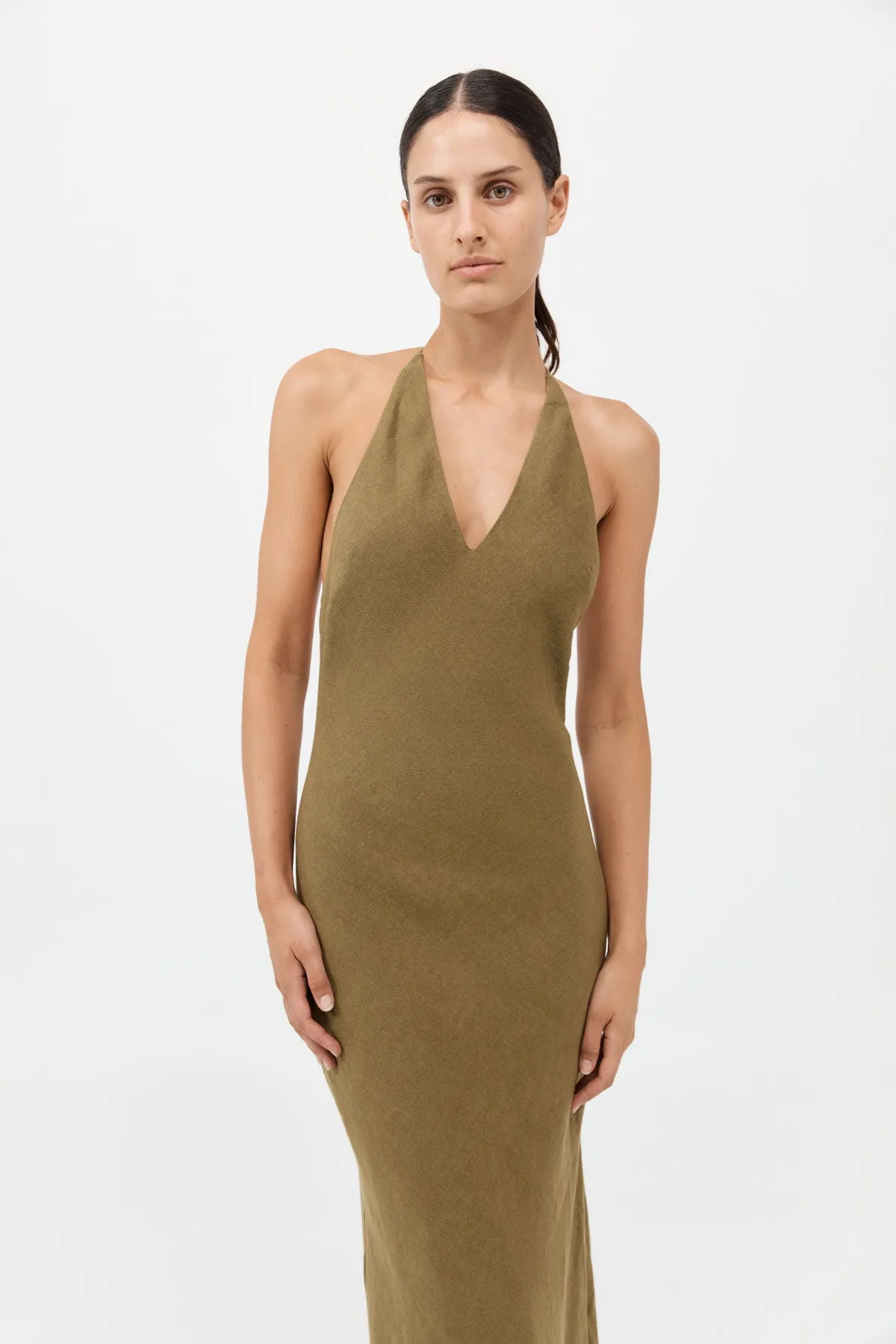 Linen Bias Halter Dress - Olive sold by St. Agni product image thumbnail 2